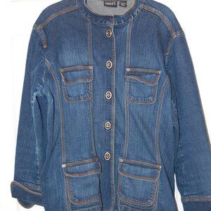 CHICOS Women's Denim Blue Jean Jacket W/ Silvertone Metal Closure Buttons Size 3